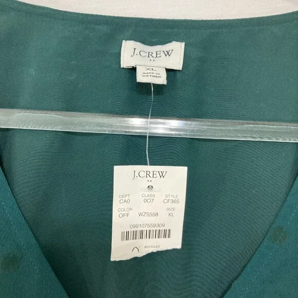 New J. Crew size XL Green V Neck Swiss Dot Long Sleeve Chiffon Blouse Preppy - Picture 3 of 12